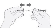 Two hands holding two parts of a medical device, separating and bringing them together with a double-headed arrow indicating movement