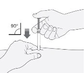 Una mano tiene una siringa in verticale a 90 gradi rispetto alla pelle mentre l'altra la sostiene