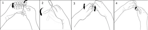 Quattro disegni sequenziali mostrano le mani che aprono un dispositivo medico tramite rotazione, pressione e rimozione del tappo superiore