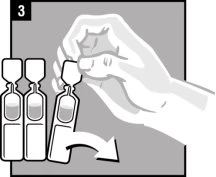 A hand grasps the cap of a medical vial among three similar vials, with an arrow indicating a downward removal motion