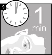 An analog clock showing one minute next to the text '1 min' above a detailed image of a human eye on a gray background with the number 9 in the top-left corner