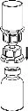 Technical schematic showing the disassembly of a medical device composed of an upper cylinder, a central cap, and an underlying vial