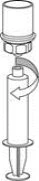 Technical diagram showing the rotational movement of an upper cap being screwed onto a syringe-shaped cylindrical container