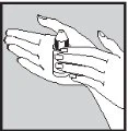 Due mani tengono e stringono un flacone cilindrico di medicinale per prepararne l'uso in un disegno tecnico in bianco e nero