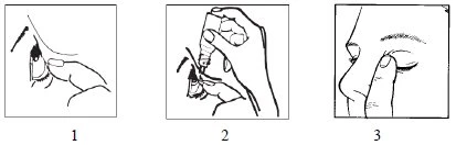 Three sequential illustrations show how to apply eye drops: pull down the lower eyelid, instill the liquid, and close the eye