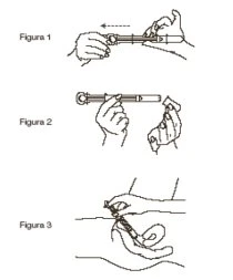 Tre disegni sequenziali mostrano le mani che maneggiano una penna iniettore per prepararla e applicarla sulla pelle della coscia o dell'addome