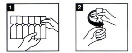 Two numbered diagrams show how to separate the vials: one hand detaches the vials and the second rotates them to open