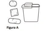 Disegno schematico di un contenitore per rifiuti con coperchio, un cerotto rettangolare e due tamponi di cotone bianchi su sfondo chiaro
