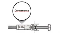 Disegno tecnico di una siringa orizzontale con un cerchio ingrandito che mostra il nome del farmaco Conexxence sulla parte superiore del corpo