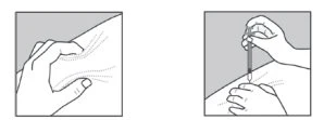 Two line drawings showing a hand pinching the skin and a