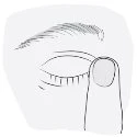 Line drawing of a closed eye with long eyelashes and a finger gently pressing on the upper eyelid to administer medication