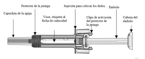 Technical diagram of a syringe with Spanish labels indicating cap, viewer, protection, grip, activation, and plunger