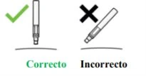 Diagram with a green checkmark on a vertical injection pen and a black cross on a tilted pen with labels Correct and Incorrect