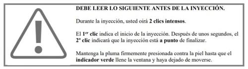 Warning symbol with an exclamation mark in a triangle next to Spanish instructions about click and green indicator for the