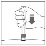 A hand holds an injection pen and presses it downward onto the skin following the direction of a vertical black arrow