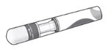 Black and white technical drawing of a medical injection pen with a cylindrical body and rounded tip on a white background