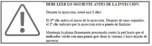 Simbolo di avvertimento con punto esclamativo in un triangolo accanto a istruzioni in spagnolo su come procedere durante l'iniezione con la penna