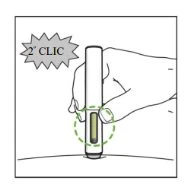 Una mano impugna un dispositivo medico cilindrico appoggiato su una superficie con un fumetto che indica il secondo clic durante l'uso