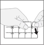 Two hands separate a pill blister pack along the dotted lines to remove a single dose indicated by a black arrow