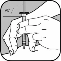 Disegno tecnico che mostra una mano che impugna una siringa per iniettare un farmaco nella pelle con un angolo di 90 gradi