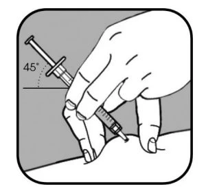 A hand holding a syringe angled at 45 degrees to insert the