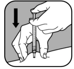 Black and white drawing showing two hands holding a syringe to inject medication into the skin with a black arrow pointing downward