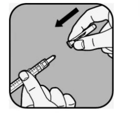 Two hands assembling a protective cap onto a medical injection pen following the direction indicated by a black arrow
