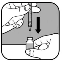 Two hands handling a syringe with a needle being pushed downward with a black arrow indicating penetration of a medical vial's stopper