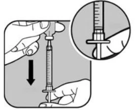 Diagram showing two hands holding a syringe with a black arrow pointing downward and a close-up detail of the plunger