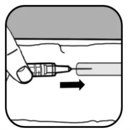 A hand holding a syringe with needle pointed toward a surface, with a black arrow indicating horizontal insertion movement