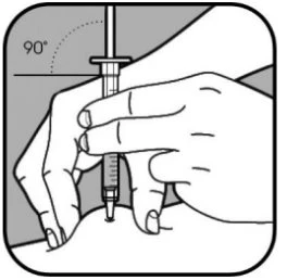 Disegno tecnico che mostra una mano che impugna una siringa per un'iniezione intramuscolare con l'ago inserito a un angolo di 90 gradi