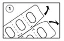 Diagram showing how to separate a pill strip from a blister pack using dashed lines and curved directional arrows