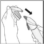 Two hands assembling a medical device by snapping the upper part into the main body, indicated by a black arrow