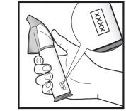 A hand grips a pen-shaped medical device while an enlargement shows a detailed view of the brand marking on the surface of the device body