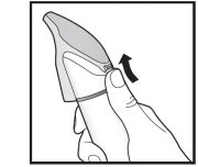 A hand grips a pen-shaped medical device and presses the thumb toward the