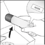 A hand holds a cylindrical medical device with an enlargement showing a detailed view of the top part labeled XXXX