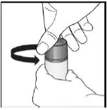 A hand rotates the cap of a bottle clockwise while the