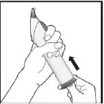 A hand grips a pen-shaped medical device tilted downward with a black arrow indicating movement toward the