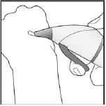 Technical drawing showing a hand gripping a pen-shaped medical device for the