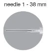 Текст із написом needle 1 - 38 мм над сірим колом, що містить літеру