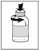 Schematic drawing of a vial with a vertical arrow pointing downward on the cap and a curved arrow indicating clockwise rotation
