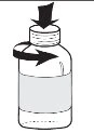 Diagram showing a vertical downward arrow on the cap and a curved arrow indicating rotation of the vial to the right