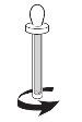 Schematic drawing of a vial with a press cap and a black curved arrow at the base indicating a rotational movement