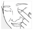 Line drawing of a face smiling with one hand gently touching the upper eyelid of the