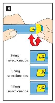 Two hands holding a blue and yellow medical device with red arrows indicating rotation to select doses of 0.6 mg, 1.2 mg, or 1.8 mg