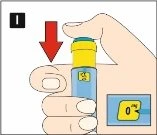 A hand holding a yellow and blue cylindrical medical device with a red arrow pointing downward indicating a downward pressing movement