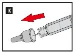 Red arrow indicating the movement of placing a protective cap onto the tip of a transparent syringe