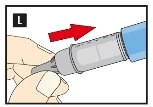 A hand holding a gray and blue injection pen, orienting it to the right following the direction of a red arrow above it