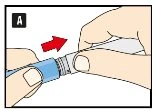 Two hands gripping and rotating a cylindrical medical device to the right as indicated by a red arrow