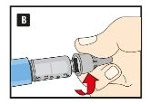A hand rotating the top of an injection pen to the right, following the direction indicated by a curved red arrow